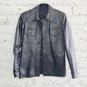 Vintage Womens Mens Black Leather Jacket Long Sleeve Shirt Biker Casaul SZ M